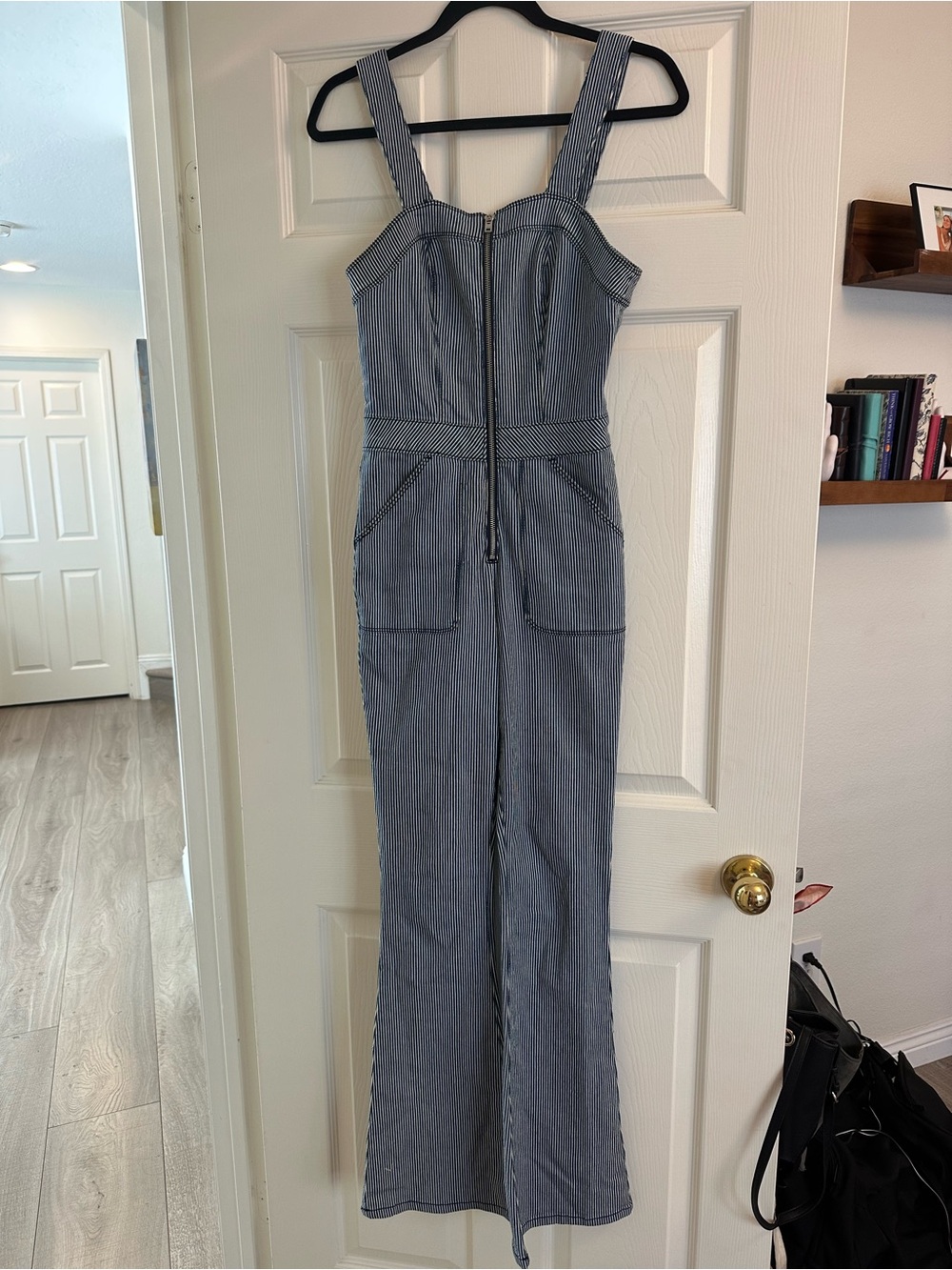 bebe Blue Pinstripe Denim Jumpsuit with Front Zip